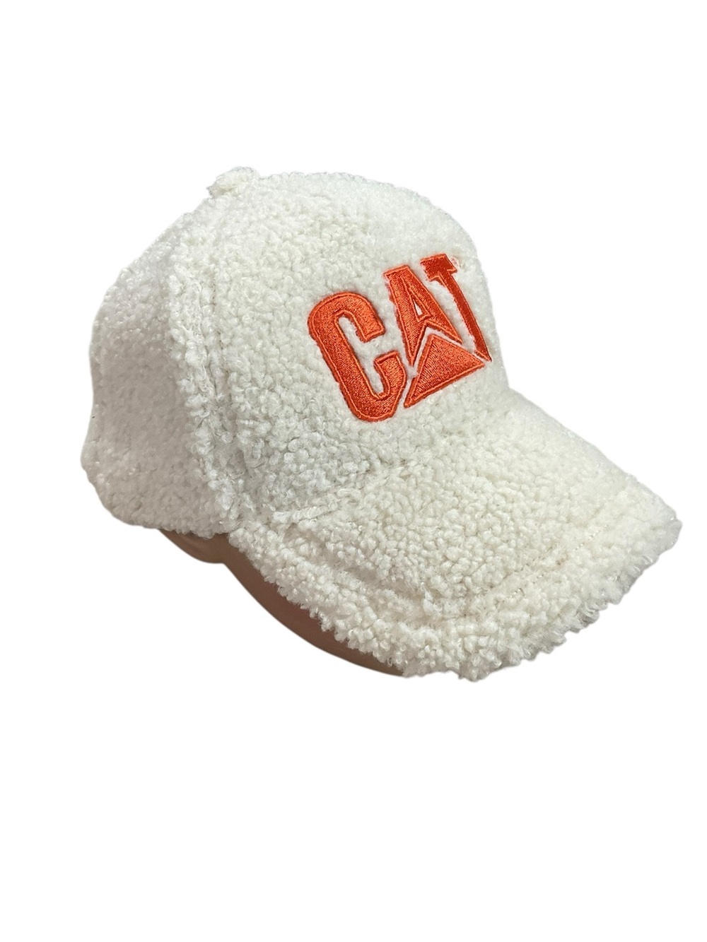 CAT Caterpillar Sherpa Fleece Baseball Cap Ivory Orange Logo Adjustable Wool Ble